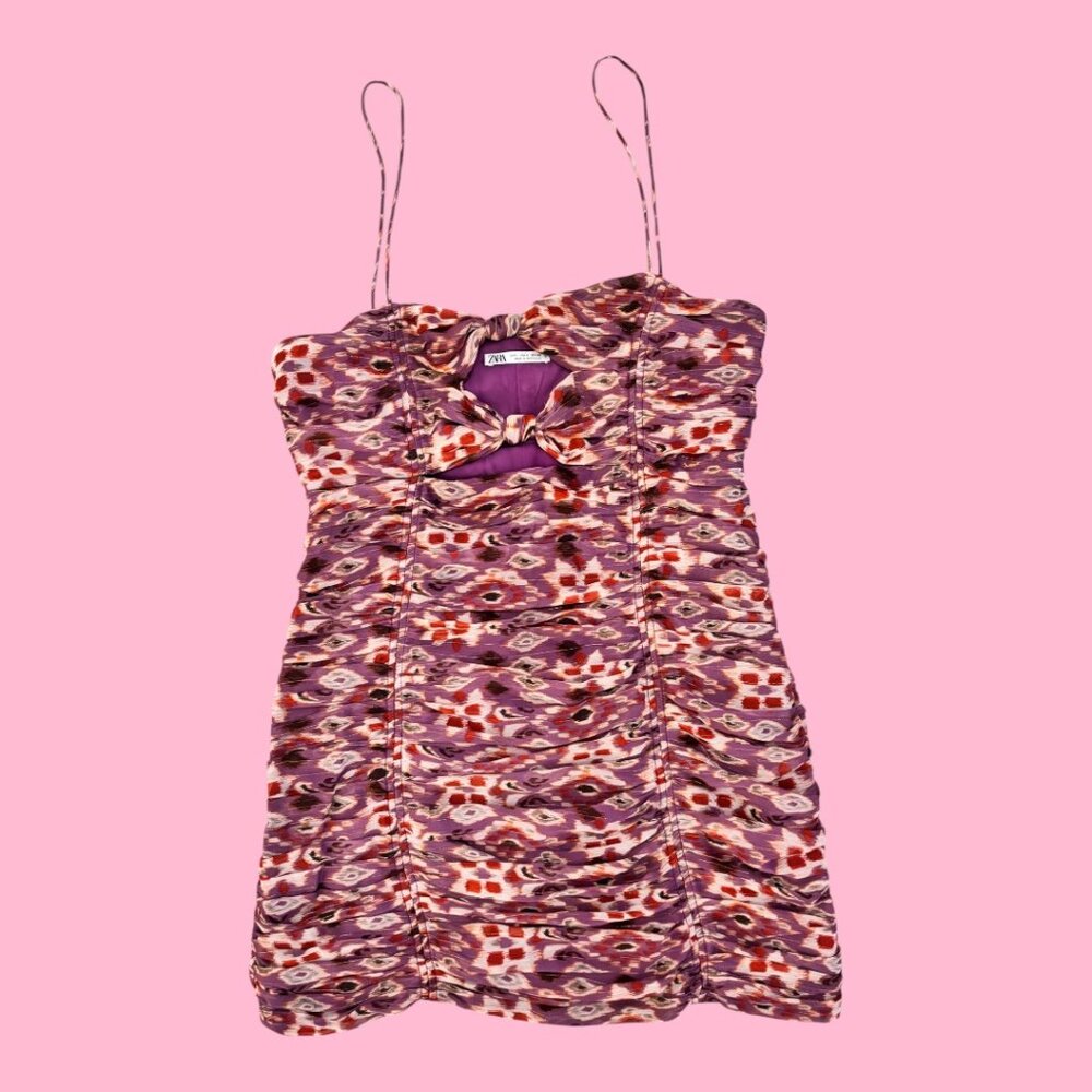 Zara Chiffon Purple and Orange Printed Mini Dress
